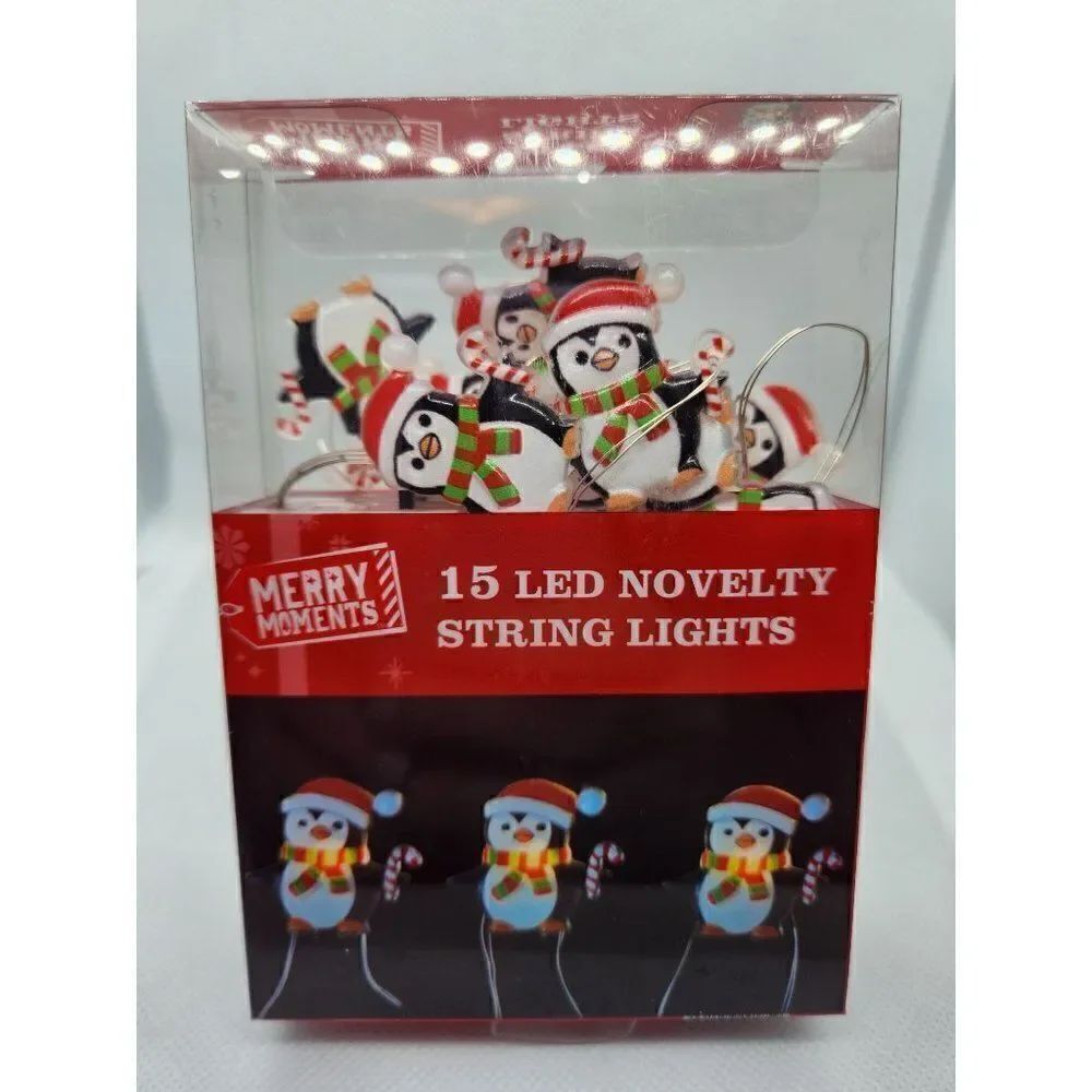 New! Sealed Penguin Christmas Mini 15 LED String Light Set Battery Power!